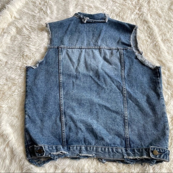 Oak + Fort Vest Denim Jean Oversized Distressed One Size OS - Picture 3 of 10